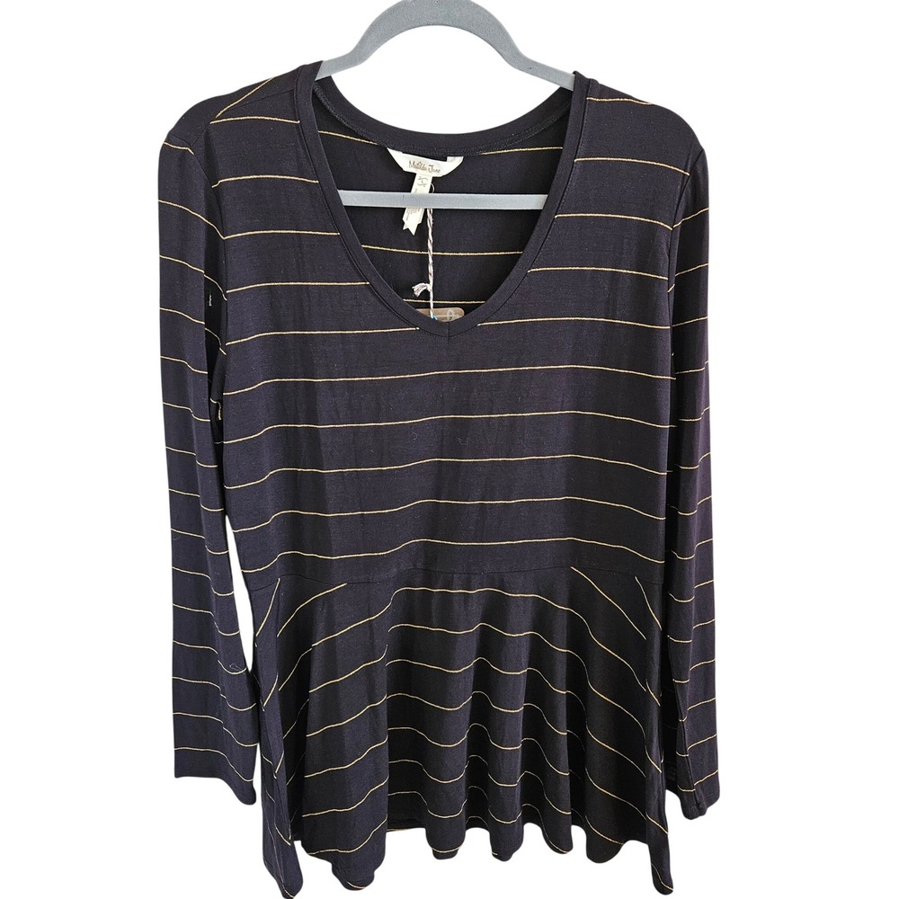 Matilda Jane  NWT Woman SZ L Black With Gold Tunic  V Neck Long Sleeve Fit Flare